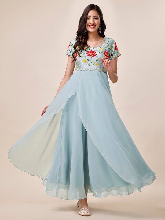 Floral Embroidered Lace Inserted Georgette A-Line Ethnic Dresses Floral Embroidered Lace Inserted Georgette A-Line Ethnic Dresses