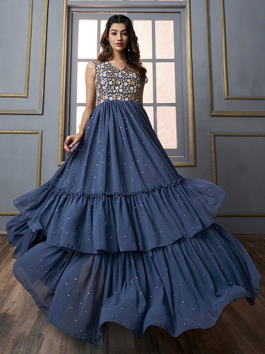 Floral Embroidered Layered Fit & Flare Maxi Ethnic Dress Inddus.in Floral Embroidered Layered Fit & Flare Maxi Ethnic Dress Inddus.in
