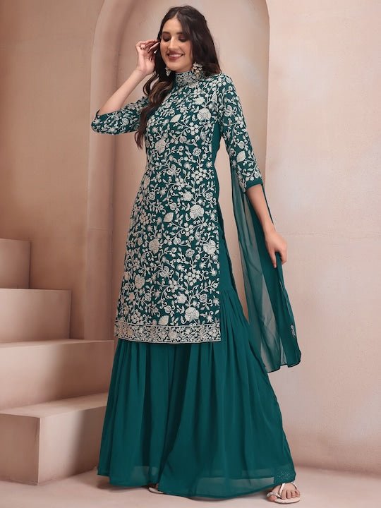 Floral Embroidered Regular Thread Work Kurta with Sharara