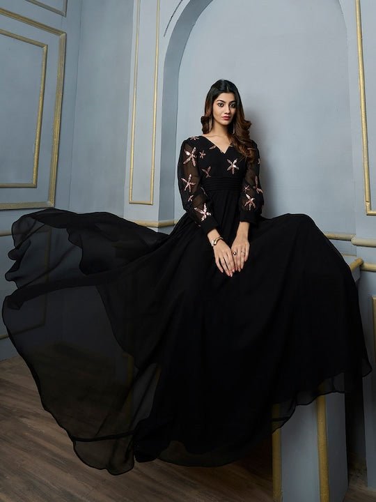 Floral Embroidered Sequinned Georgette Fit Flare Maxi Ethnic