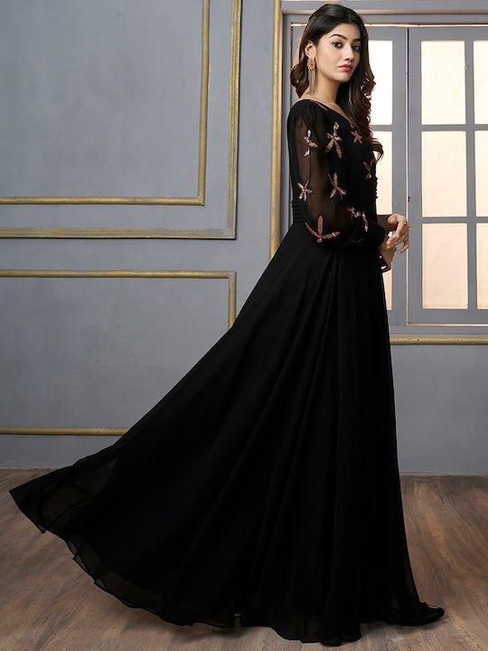 Floral Embroidered Sequinned Georgette Fit & Flare Maxi Ethnic Dress Floral Embroidered Sequinned Georgette Fit & Flare Maxi Ethnic Dress