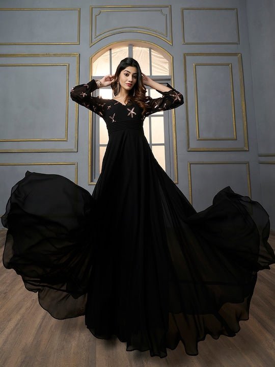 slim fit dress slacks Floral Embroidered Sequinned Georgette Fit & Flare Maxi Ethnic Dress  Inddus.in
