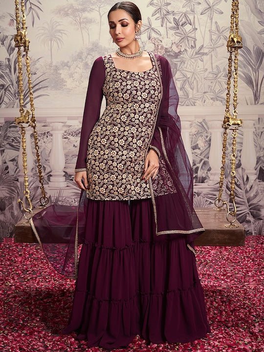 Floral Embroidered Square Neck Long Sleeve Sequinned Kurta Set