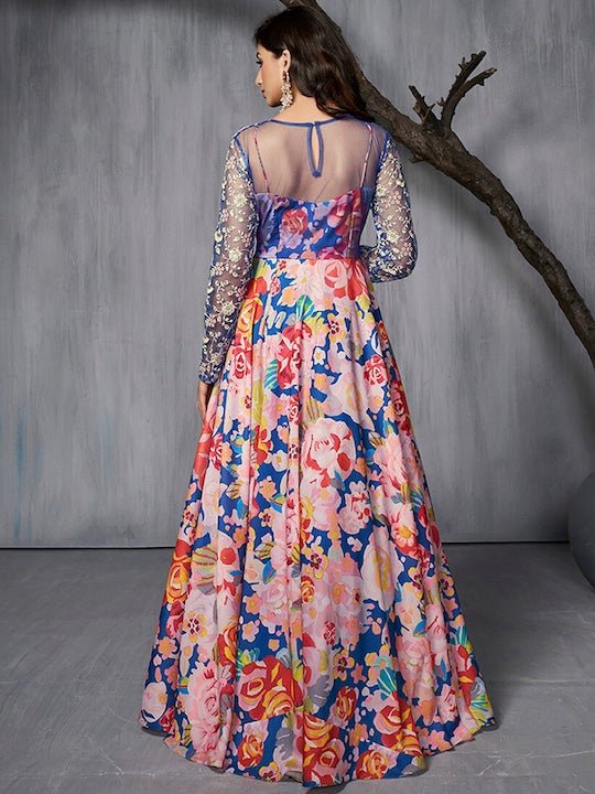 Floral Printed Embroidered Fit Flared Maxi Gown