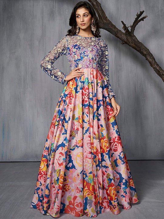 Floral Printed Embroidered Fit-Flared Maxi Gown–