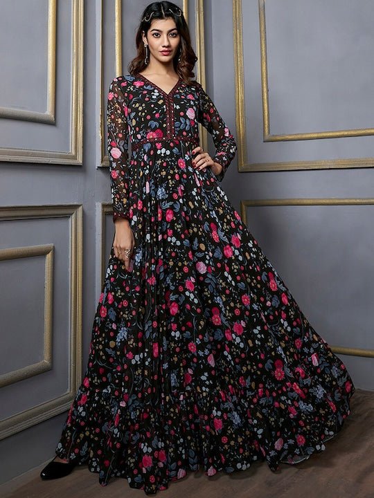 Inddus Floral Printed V-Neck Extended Sleeves Georgette Fit & Flared Maxi Ethnic  Dresses - Price History