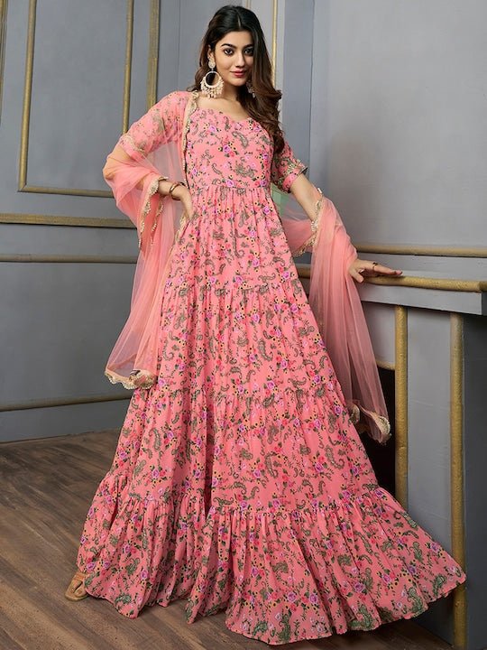 Floral Printed Sequinned Floral Georgette Anarkali Kurta With