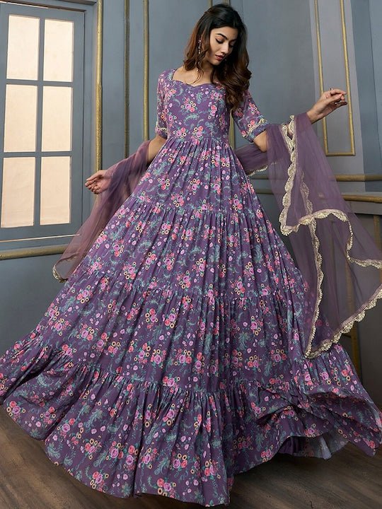 Floral Printed Sweetheart Neck Georgette Anarkali Kurta With