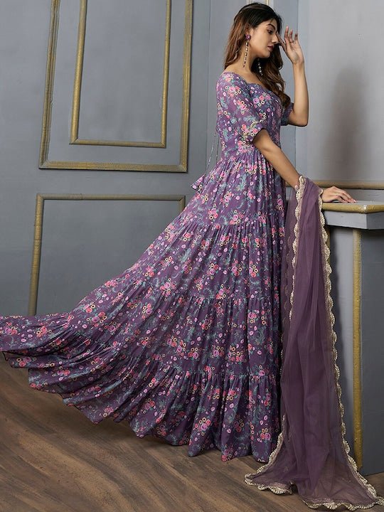Floral Printed Sweetheart Neck Georgette Anarkali Kurta With