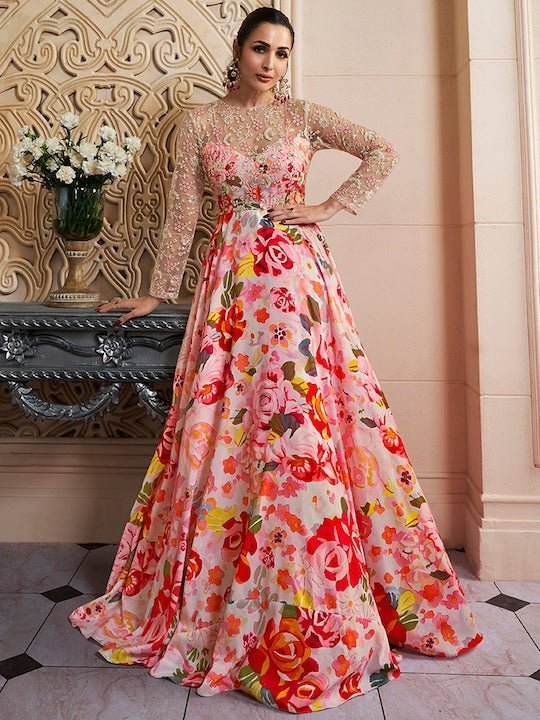 Floral Printed Thread Work Fit & Flare Ethnic Dress Floral Printed Thread Work Fit & Flare Ethnic Dress