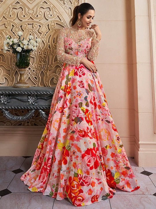 Floral Printed Thread Work Fit & Flare Ethnic Dress