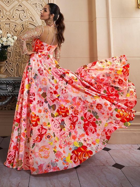 Indo Western Ethnic Style Women's Clothes Floral Printed Thread Work Fit Flare Ethnic Dress Indo Western Ethnic Style Women's Clothes Floral Printed Thread Work Fit Flare Ethnic Dress