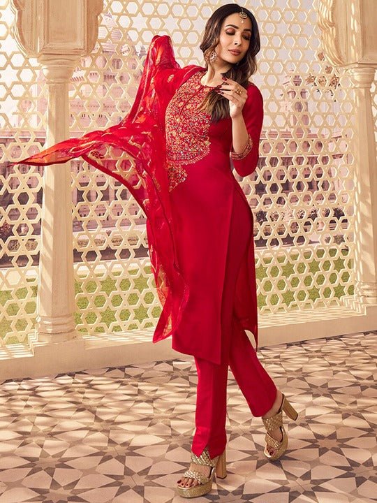 Floral Sequinned Yoke Design Regular Pure Silk Kurta With Trousers