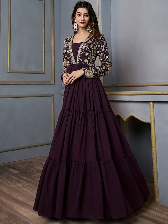 Floral Sequins And Embroidered Tiered Maxi Dress Inddus.in