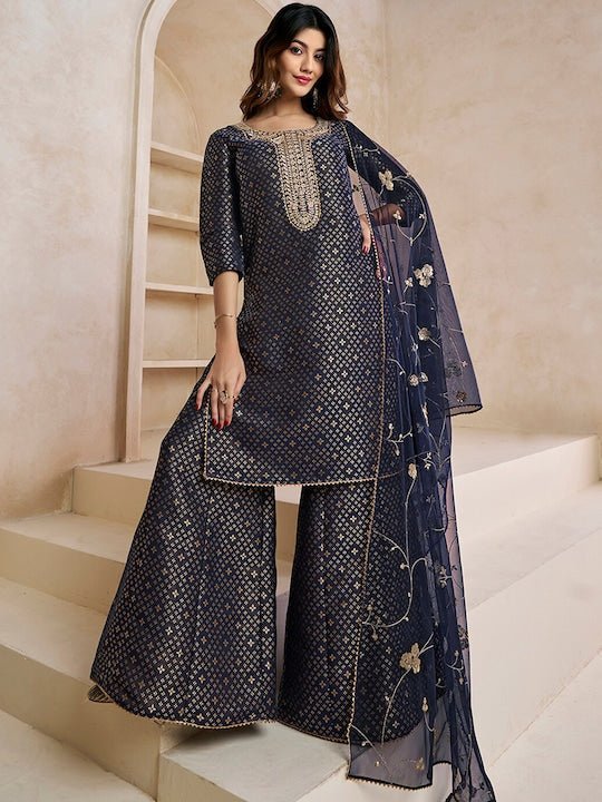 Embroidered Kurta with Sharara Pants and Dupatta – VERVE & VOGUE