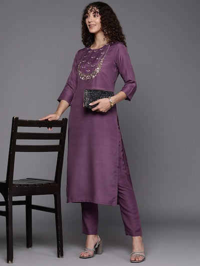 Floral Yoke Design Thread Work Kurta with Trousers - Inddus.in