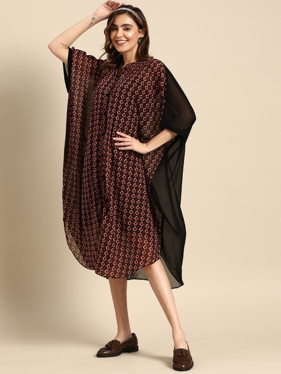 midi kaftan dress for women Geometric Print Georgette Kaftan Midi Dress