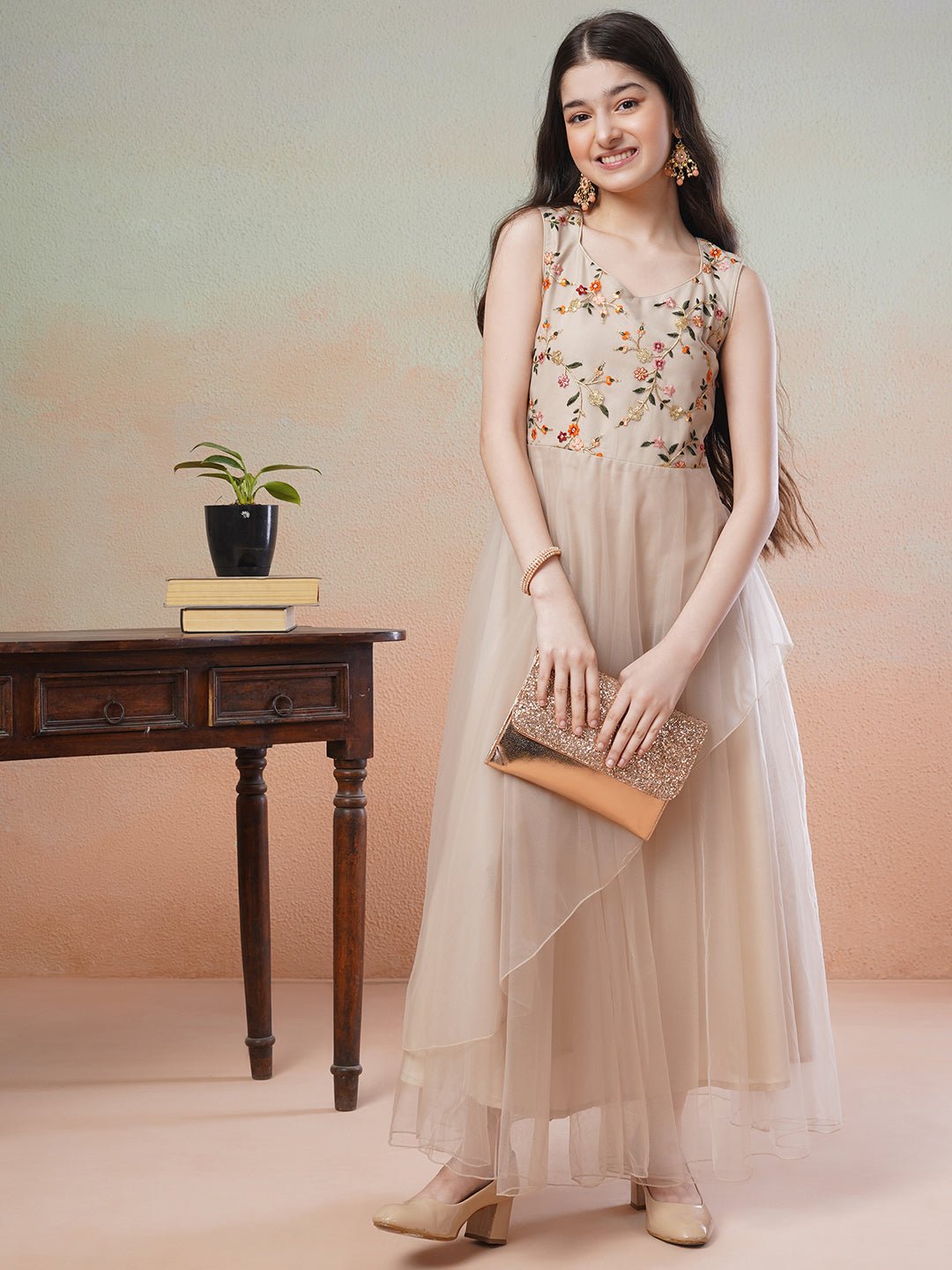 Girls Embroidered Fit Flared Ethnic Dresses–