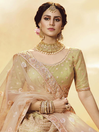 Golden Net and Silk Embroidered Lehenga Choli with Dupatta - Inddus
