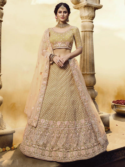 Golden Net and Silk Embroidered Lehenga Choli with Dupatta - Inddus