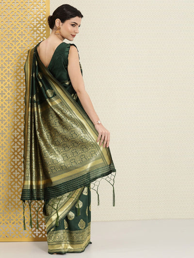 Green and Gold Ethnic Motifs Zari Woven Traditional Saree - Inddus.in