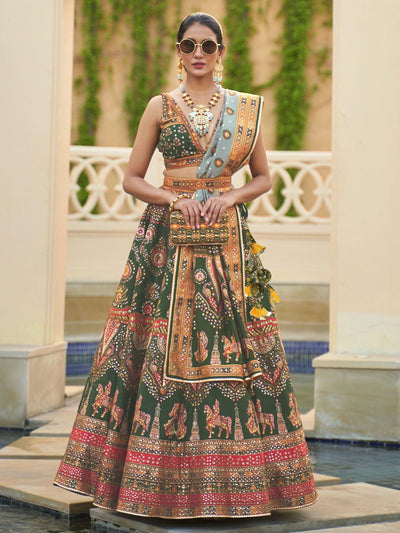 Green And Gold Sequence Embroidered Lehenga Choli - Inddus.in