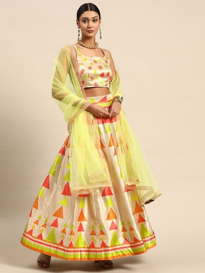 Green & Beige Printed Semi-Stitched Lehenga & Unstitched Blouse With Dupatta - Inddus.in