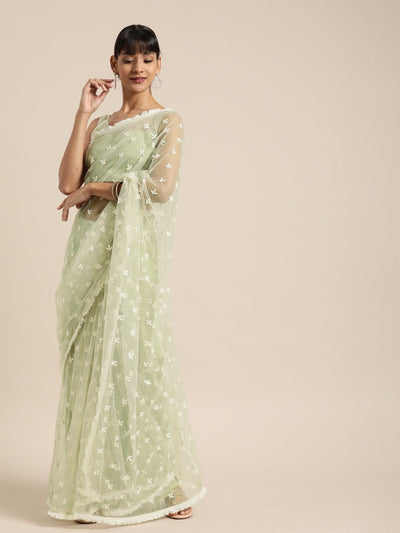 Green Embellished Net Saree - Inddus.in
