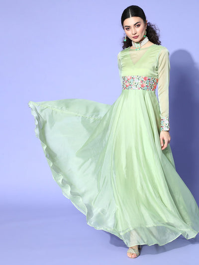 Green Embroidered Organza Party wear Gown - Inddus.in