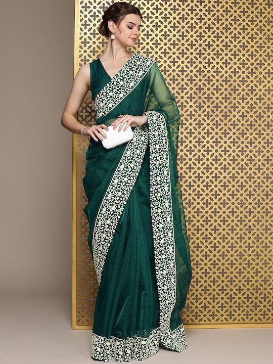 Green Embroidered Organza Saree–