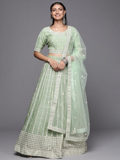 Green Embroidered Semi-Stitched Lehenga & Unstitched Blouse With Dupatta - Inddus.in