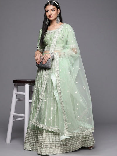 Green Embroidered Semi-Stitched Lehenga & Unstitched Blouse With Dupatta - Inddus.in
