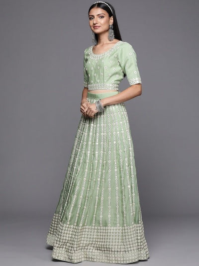 Green Embroidered Semi-Stitched Lehenga & Unstitched Blouse With Dupatta - Inddus.in