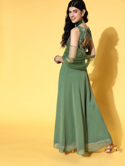 Green Embroidered Sequins Georgette Kurta with Net Dupatta - Inddus.in