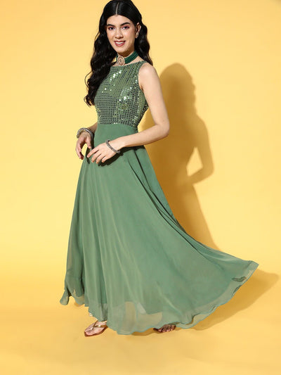 Green Embroidered Sequins Georgette Kurta with Net Dupatta - Inddus.in