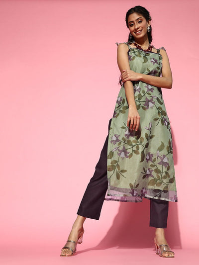 Green Floral Organza Kurta with Pants - Inddus.in
