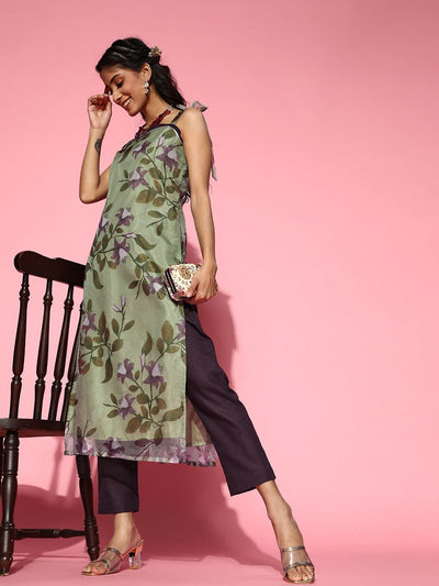 Green Floral Organza Kurta with Pants - Inddus.in