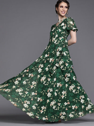 Green Georgette Floral Gown - Inddus