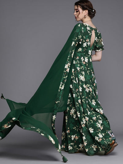 Green Georgette Floral Gown - Inddus