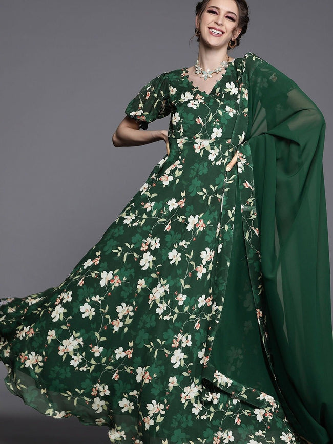 Buy Green Georgette Floral Gown Online -Inddus.in. Buy Green Georgette Floral Gown Online -Inddus.in.