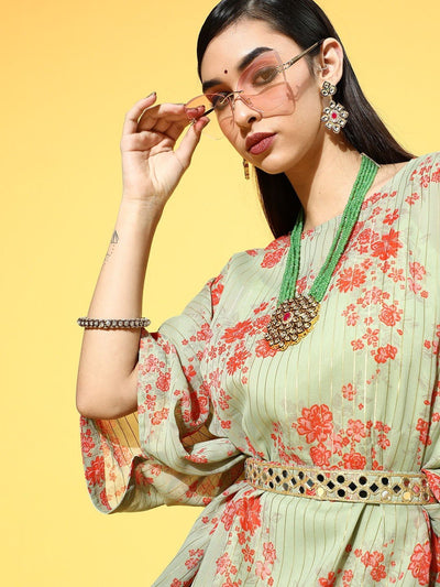Green Georgette Partywear Floral Dresses - Inddus.in