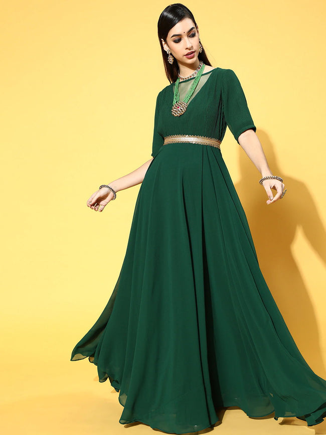 Green georgette plain gown | Georgette dress, Designer gowns, Modest  evening dress