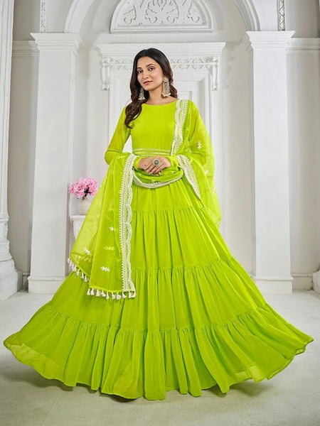 Green Gotta Patti Belted Georgette Fit & Flare Ethnic Dress & Dupatta  Inddus.in