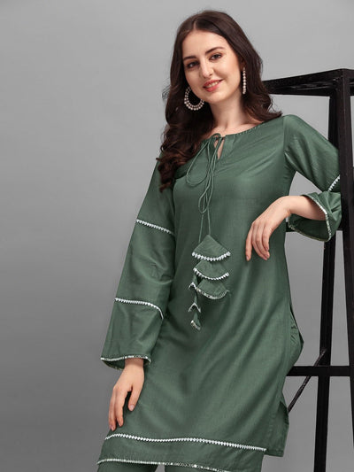 Green Laced Kurta with Pants - Inddus