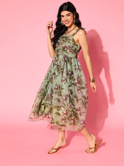 Green Organza Floral Printed Fit and Flare Ruffled Gown - Inddus.in