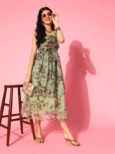 Green Organza Floral Printed Fit and Flare Ruffled Gown - Inddus.in
