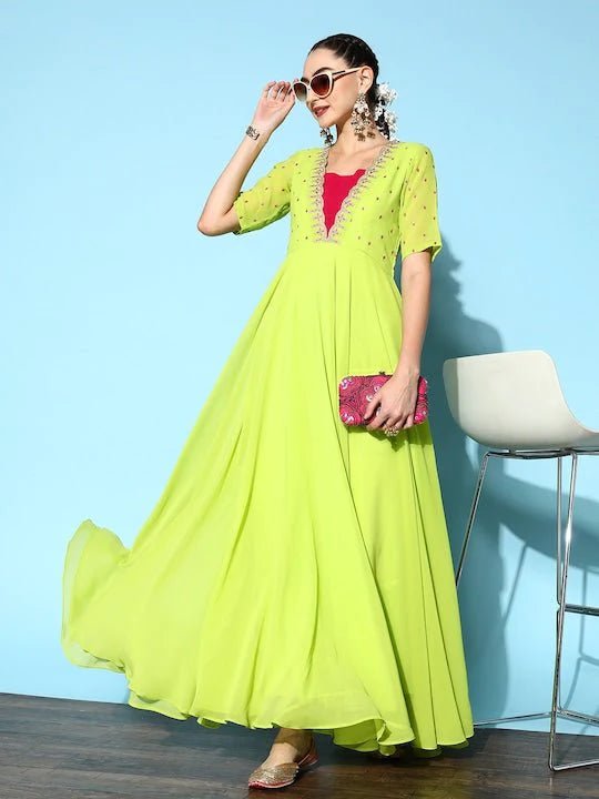 Green & Pink Ethnic Motifs Embroidered Georgette Maxi Dress Green & Pink Ethnic Motifs Embroidered Georgette Maxi Dress