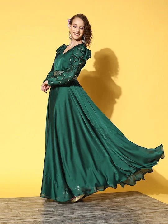 Green Satin Maxi Dress Inddus.in