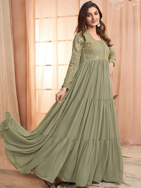 Green Sequins and Embroidered Tiered Maxi Dress Inddus.in
