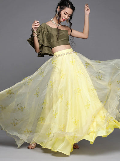 Green Silk Blend Printed Lehenga Choli - Inddus